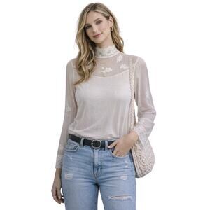Sheer Lace High Neck Blouse Ivory Embroidered Korea Vintage Style Medium
